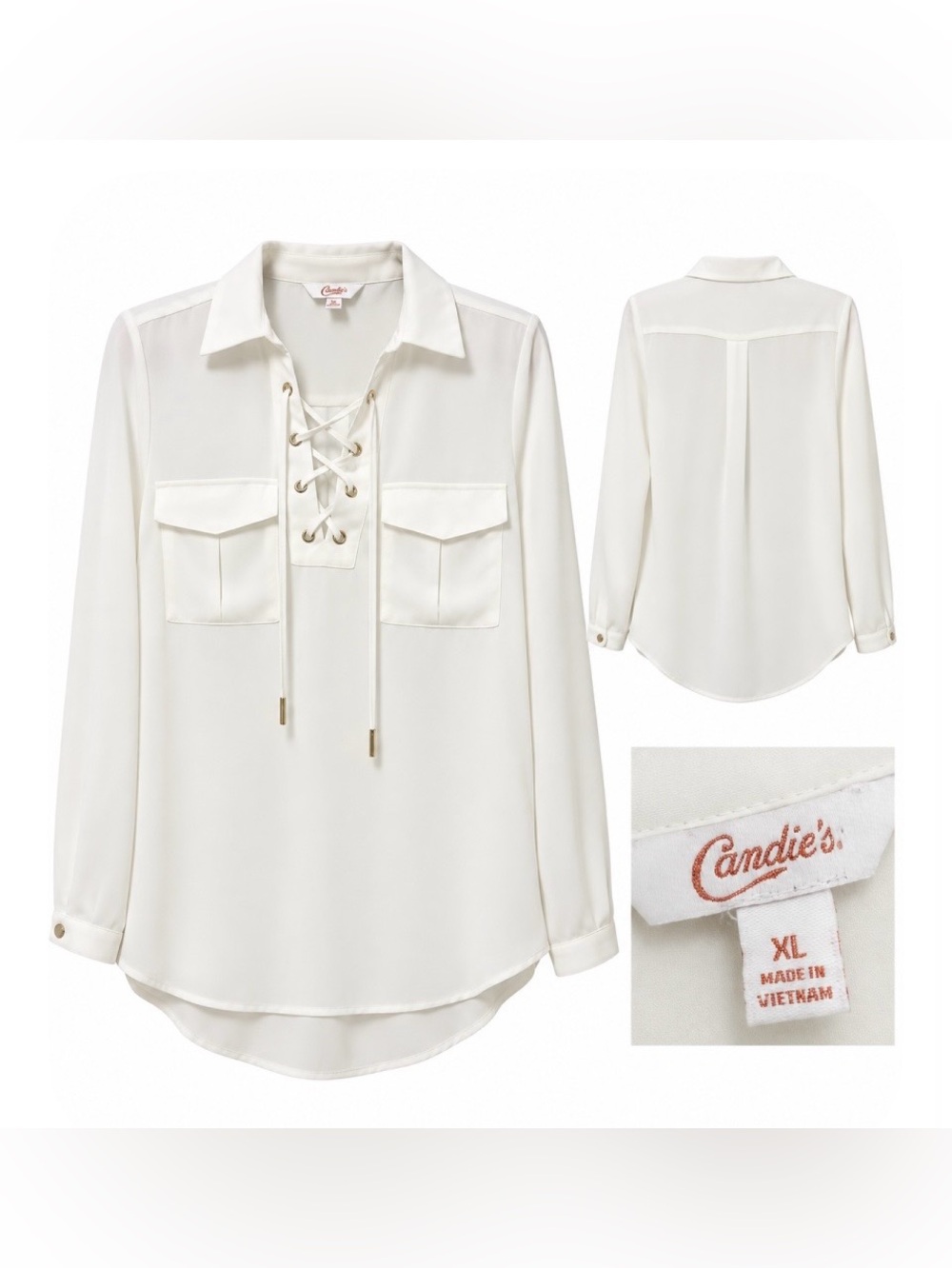 Candie’s White Lace-Up Blouse XL Long Sleeve Hi-Low Top